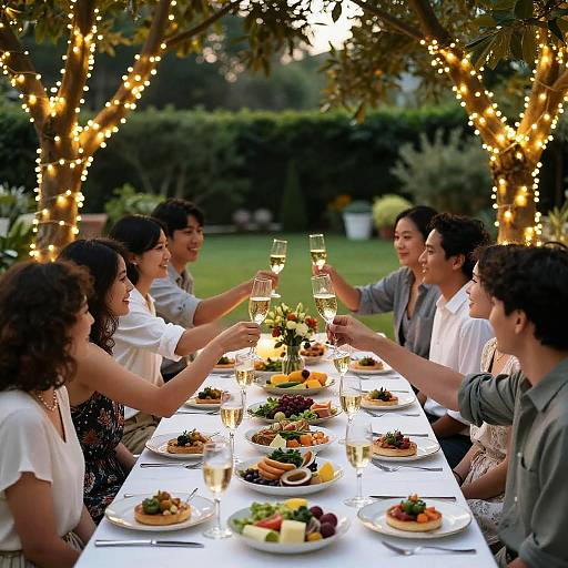 Photograph of six diverse adults toasting with champagne glasses at an outdoor dinner table, adorned with string lights and elegant food.