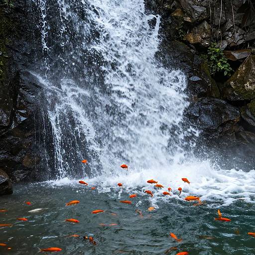 Photograph of a waterfall cascading into a pool, surrounded by dark rocky cliffs, with numerous vibrant orange fish swimming in the clear, turbulent water.