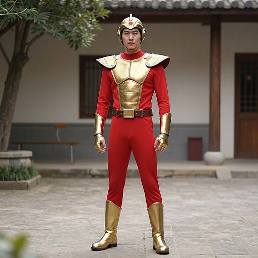 Photograph of an Asian man in a red and gold superhero costume with a helmet, standing in a traditional courtyard.