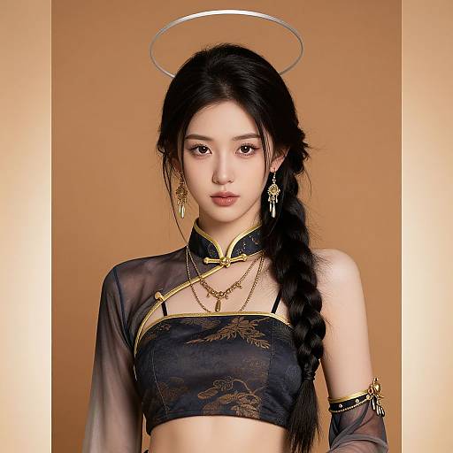 Digital artwork of an East Asian woman with long black hair in a braid, wearing a sheer black crop top, gold chains, and ornate earrings