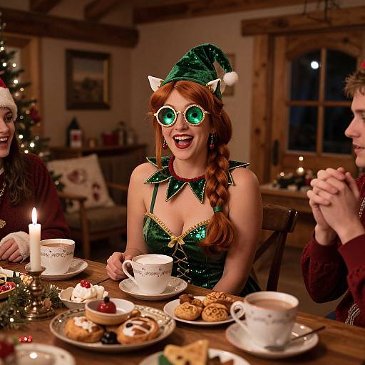 Photograph of a festive dinner: red-haired woman with green elf costume, cat ears, and glasses laughs, surrounded by friends, Christmas tree, and