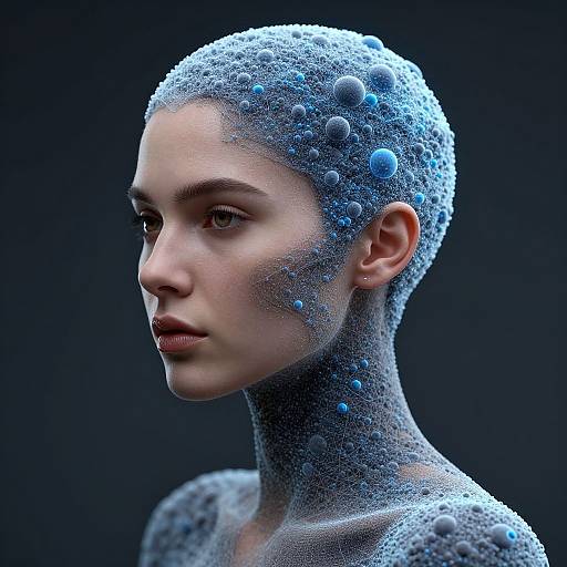 Digital CGI portrait of a bald, fair-skinned woman with blue, bubble-like particles covering her head and neck, set against a dark background.