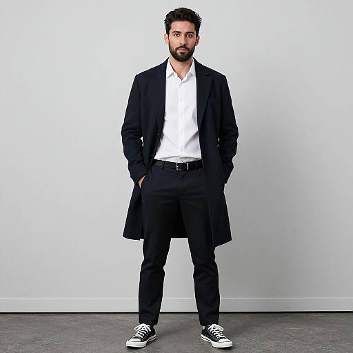 Photograph of a bearded man with dark hair, wearing a black coat over a white shirt, black pants, and black sneakers, standing against a