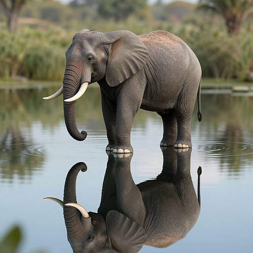 Photograph of a gray African elephant with white tusks standing in a calm, reflective waterway surrounded by lush greenery.