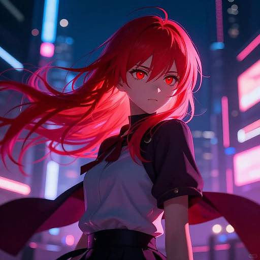 Digital anime-style artwork of a red-haired woman with glowing red eyes, wearing a black top, in a neon-lit, futuristic cityscape.