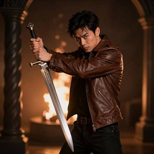 Man in Leather Jacket Holding Sword