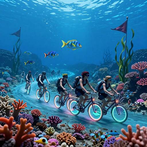 Underwater photograph of six cyclists, wearing scuba gear and helmets, riding glowing bicycles through vibrant coral reef, with colorful fish and flags, illuminated by