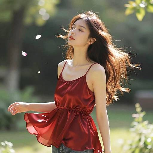 Red Satin Tank Top in Summer Garden