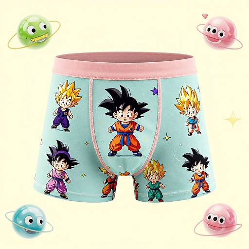 Colorful children's boxer briefs featuring cartoon characters from Dragon Ball Z, surrounded by playful planet and heart shapes. Bright, playful design.