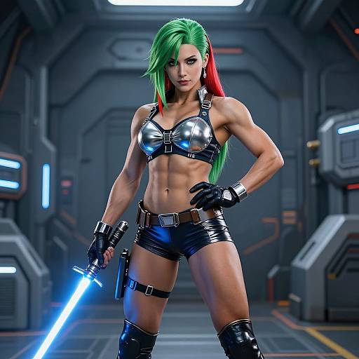 CGI image of a muscular woman with green and red hair, wearing a metallic bra, black shorts, and gloves, holding a glowing blue lightsaber