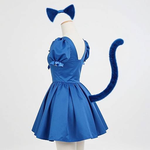 Photograph of a faceless blue dress mannequin with blue cat ears and tail, featuring a pleated skirt and ribbon bow.