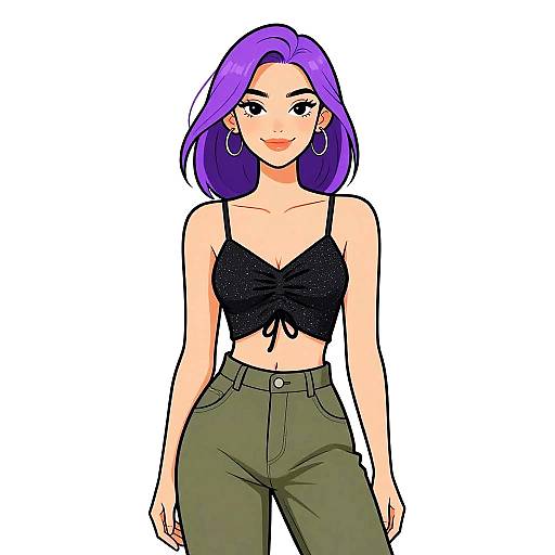 Digital anime-style drawing of a smiling young woman with purple hair, wearing a black cropped top and olive green high-waisted pants.