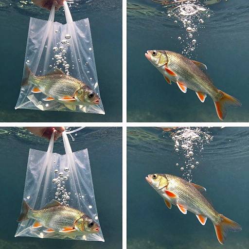 Photograph of a goldfish with orange fins inside a clear plastic bag, being released underwater by a hand, bubbles visible. Four-panel collage shows fish