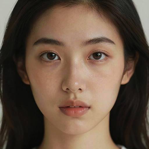 Photograph of an East Asian woman with fair skin, straight black hair, dark brown eyes, and natural makeup, looking directly at the camera.