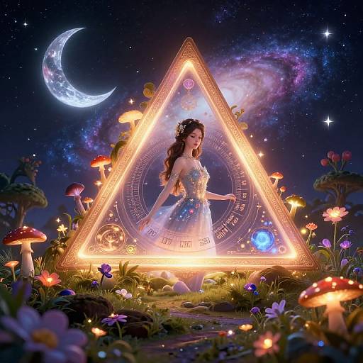 Digital art: Enchanted forest moonlit scene with glowing triangle, magical girl in blue dress, surrounded by mushrooms, flowers, and celestial elements.