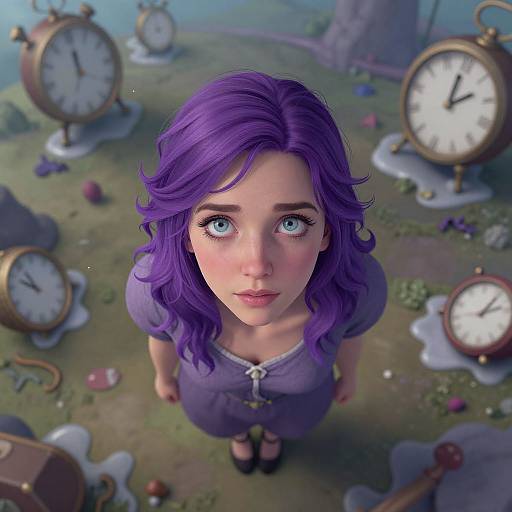 Digital artwork of a young woman with vibrant purple hair and blue eyes, wearing a purple dress, standing among scattered clocks on a grassy landscape. She