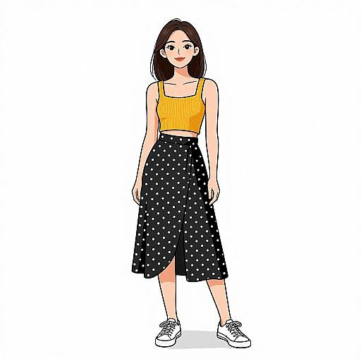 Digital illustration of a smiling young woman with fair skin, black shoulder-length hair, wearing a yellow crop top, black polka dot skirt, and white