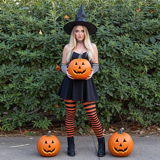 Photograph of a blonde woman in a black witch dress, striped orange-black leggings, black boots, holding a carved pumpkin, standing in front of lush
