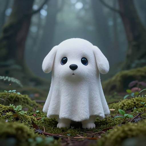 Digital artwork of a cute, white, fluffy ghost puppy with large black eyes, standing in a misty, mossy forest.