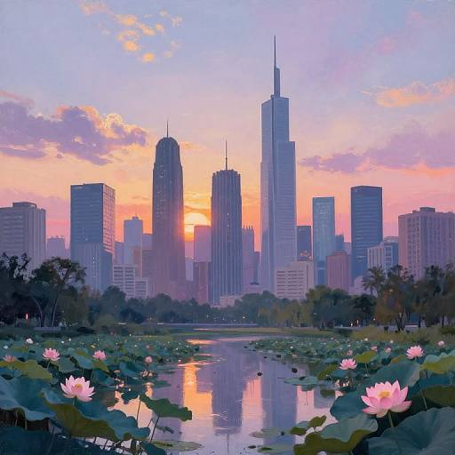 Digital art of a city skyline at sunset, featuring pink lotus flowers in a reflective pond, with tall buildings silhouetted against a colorful sky