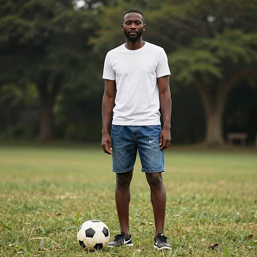 Dark-skinned man standing with soccer ball outdoors