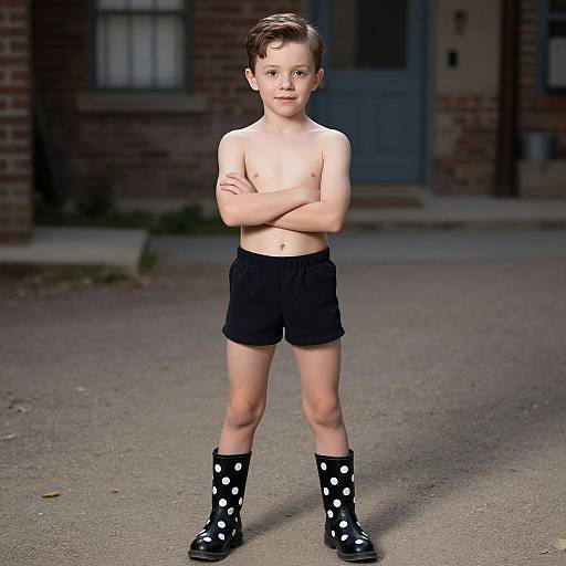 Photograph of a young, white boy with short brown hair, shirtless, wearing black shorts, polka dot socks, and black shoes, standing