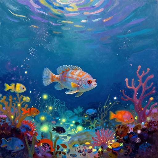 Vibrant underwater scene: colorful fish, corals, and glowing lights in a deep blue ocean, illuminated by sunlight from above. Digital illustration.