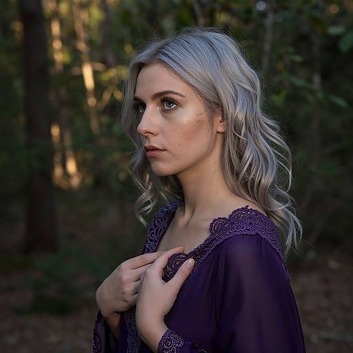 Photograph of a young woman with silver wavy hair, light skin, and purple lace top, standing in a forest, holding her chest with a