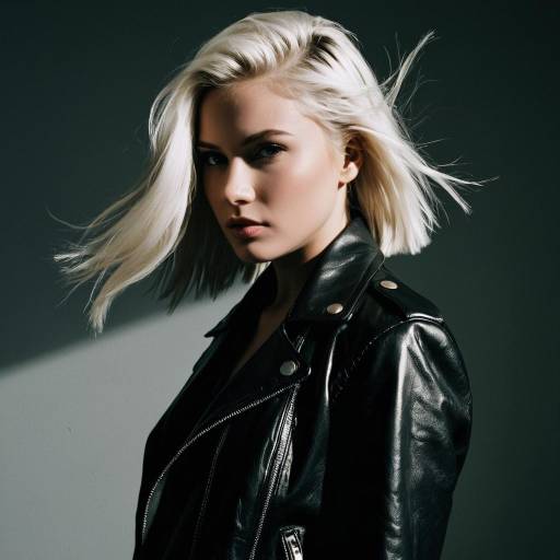 Woman with platinum blonde hair in leather jacket