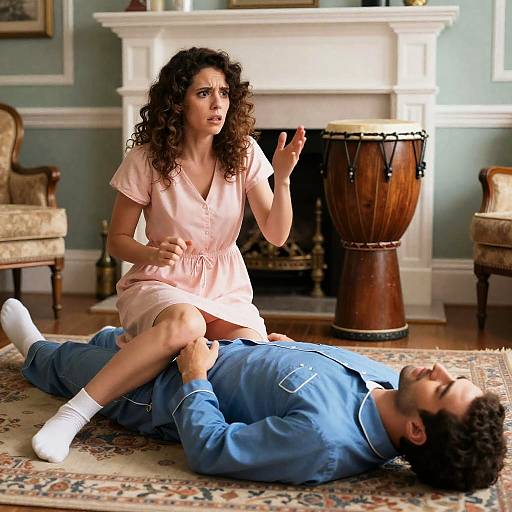 Intense Living Room Scene with Drum