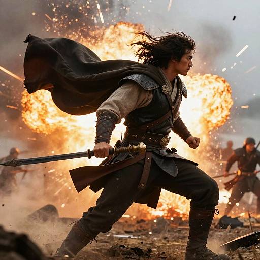 Epic battle scene: a determined warrior with flowing black hair, medieval armor, and sword charges forward amidst a fiery explosion, surrounded by smoke and falling