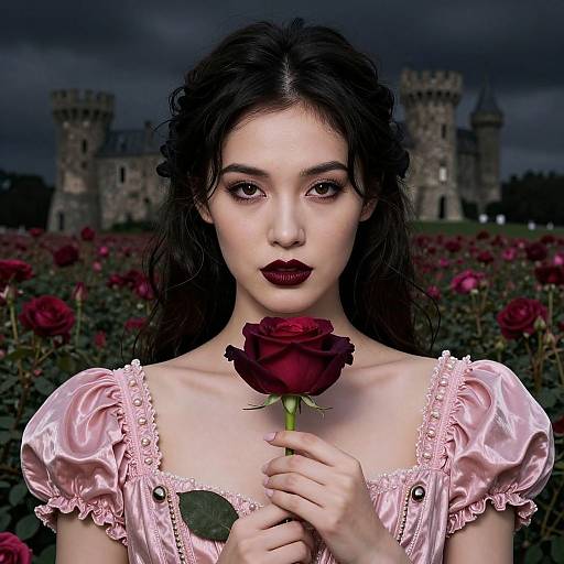 Photograph-style digital artwork of pale-skinned, dark-haired woman with red lipstick, holding a red rose, wearing pink, puffed-sleeve