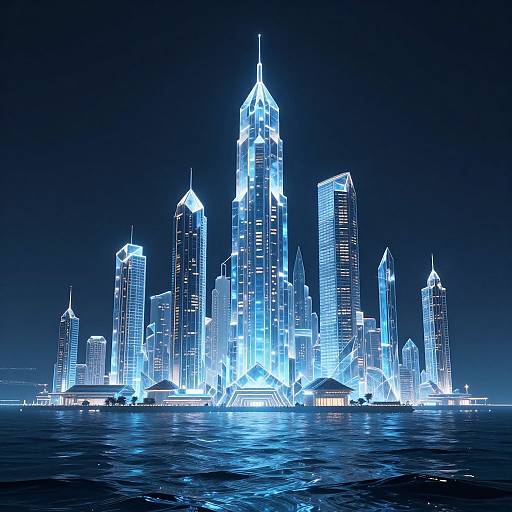 Photorealistic digital rendering of a glowing blue neon cityscape at night, featuring towering skyscrapers and reflections on a calm water surface.