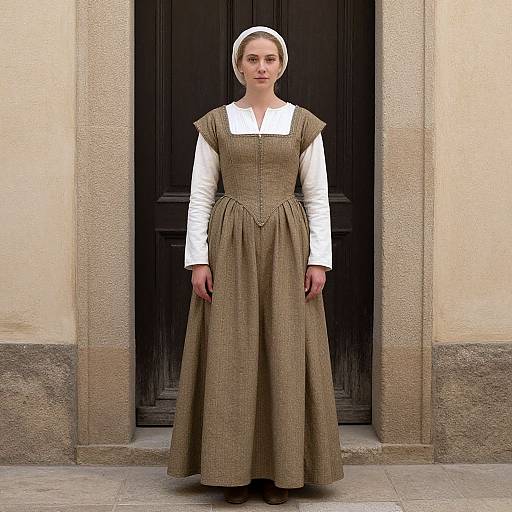 Photograph of a young woman in a 19th-century-style brown dress with white long sleeves, white headscarf, standing in front of a