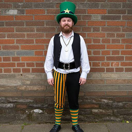 Photograph of a bearded man in full Leprechaun costume: green top hat, white shirt, black vest, yellow and black striped pants
