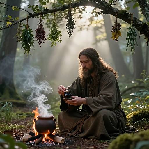 Photograph of a long-haired, bearded man in a brown robe, brewing in a forest, with a fire, pot, and hanging herbs.