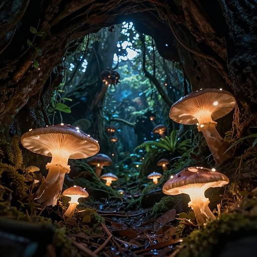 Photograph of a mystical forest cave with glowing, bioluminescent mushrooms illuminating the dark, mossy tunnel, surrounded by lush greenery and