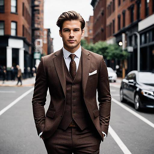 Stylish Man in Brown Three-Piece Suit on Urban Street