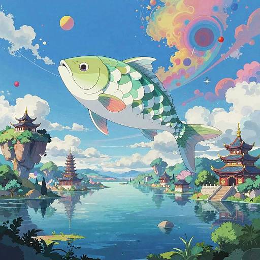Vibrant digital artwork of a large green and white fish with rainbow tail swimming above a serene, traditional Asian-style lake with floating pagodas and