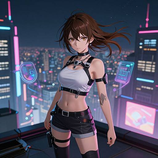Digital anime-style artwork of a brown-haired, brown-eyed woman in a white crop top, black harness, and shorts, standing on a neon-lit