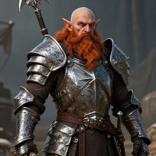Photorealistic CGI of a bald, red-bearded orc warrior in shiny silver armor with pointed ears, holding a sword, standing in a misty