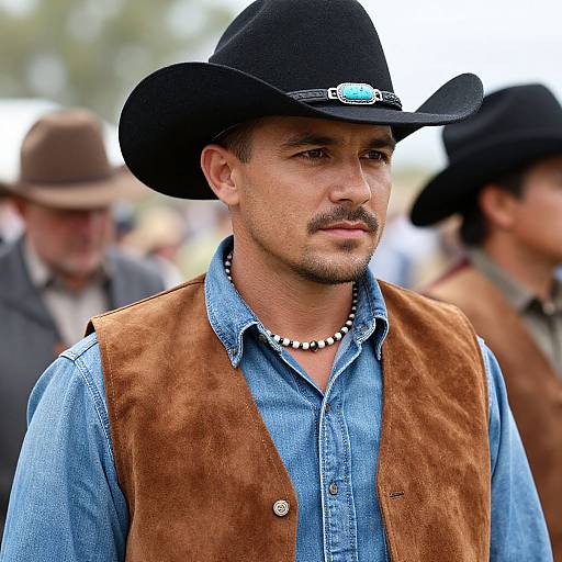 Photograph of a young, light-skinned man with a mustache, wearing a black cowboy hat, blue shirt, brown vest, and black bead