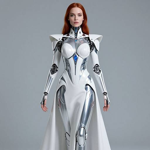 Futuristic Cyborg Woman in Metallic Dress