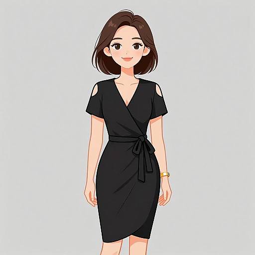 Digital anime-style drawing of a smiling woman with short brown hair, wearing a black wrap dress with a tied waist, and a yellow wristwatch. White