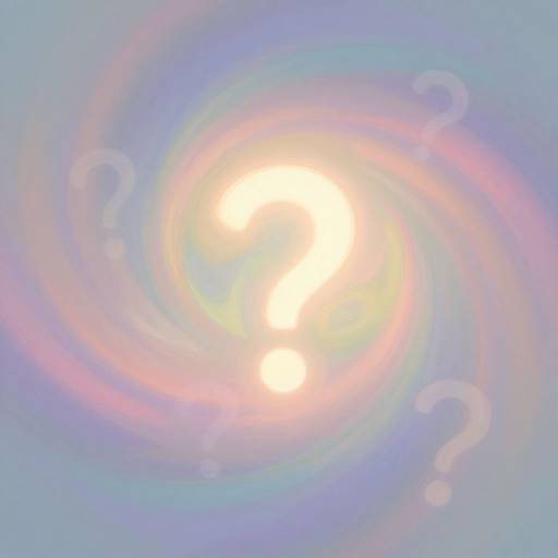 Digital artwork of a bright, glowing sun at the center with swirling pastel blue, pink, and purple hues. Transparent question marks float around.