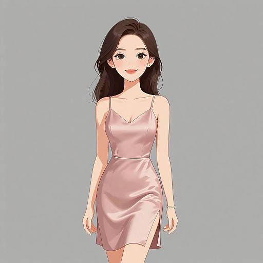 Smiling Woman in Pink Satin Dress