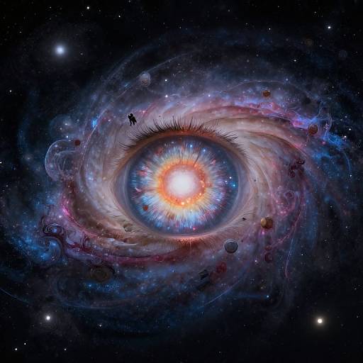 Digital artwork of a glowing, cosmic eye with vibrant blue and orange irises, surrounded by swirling nebulae and stars in a dark, star-filled