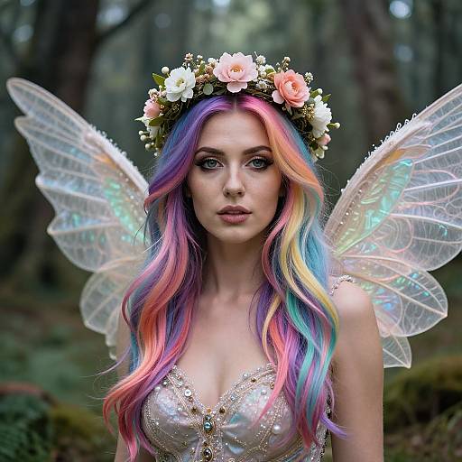 Photograph of a fair-skinned, rainbow-haired fairy with floral crown, iridescent wings, and sparkly, low-cut gown in a forest