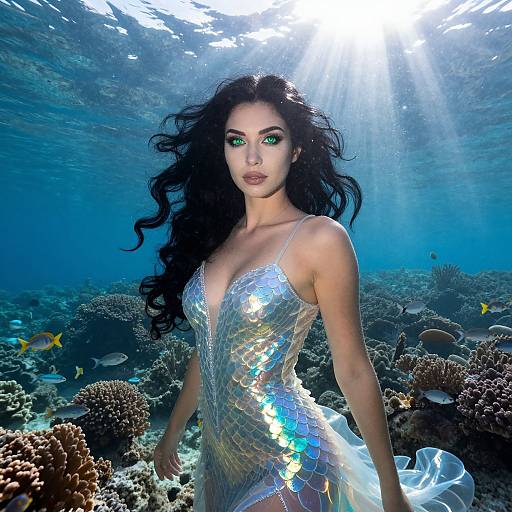 Photograph of a fair-skinned woman with long black hair, wearing a shimmering silver sequin dress, underwater with sunlight streaming. Coral reef and