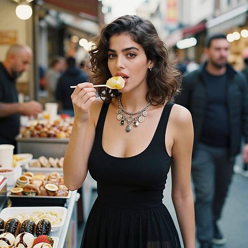 Woman enjoying street food at Istanbul bazaar
